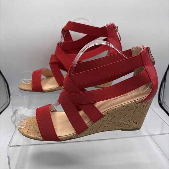 Liz Claiborne Rockelle Red Stretch Wedge Sandals 9M Comfy Chic Back Zip - Picture 3 of 9